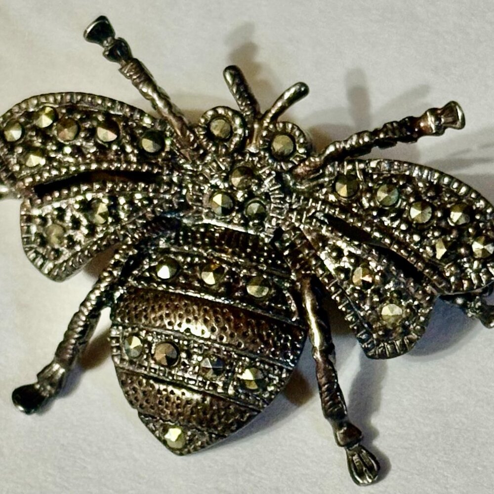VTG 925 Sterling SIGNED MC MARSALA Marcasite BEE BROOCH PIN Art Deco Style!